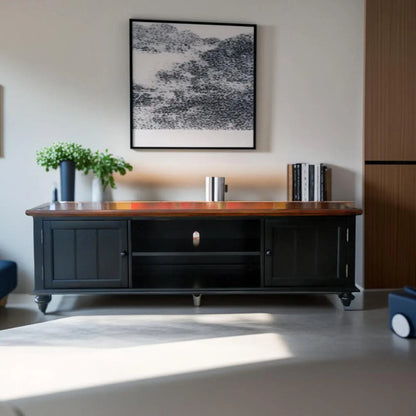 Meuble TV traditionnel en bois d'hévéa avec rangement ouvert et étagères