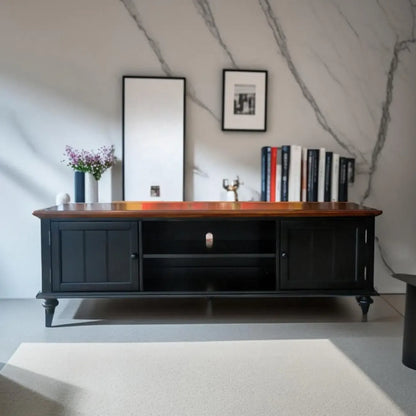 Meuble TV traditionnel en bois d'hévéa avec rangement ouvert et étagères