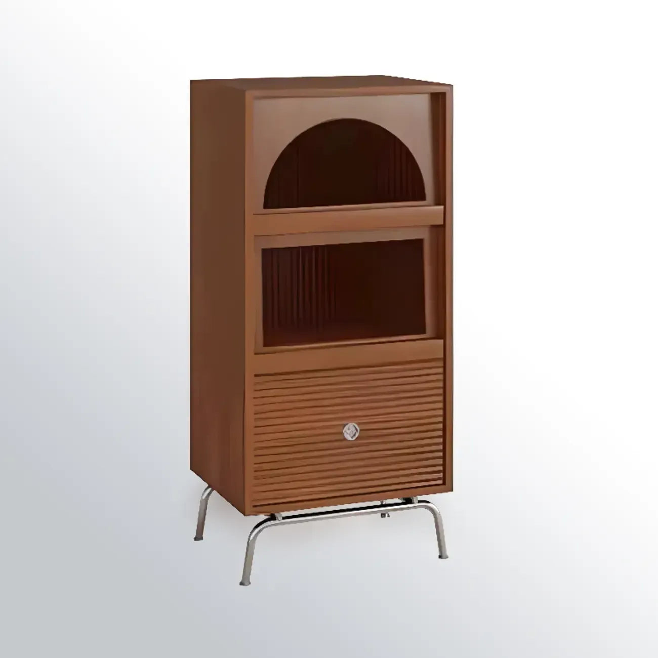 Armoire de rangement moderne en pin avec porte vitrée et base en métal