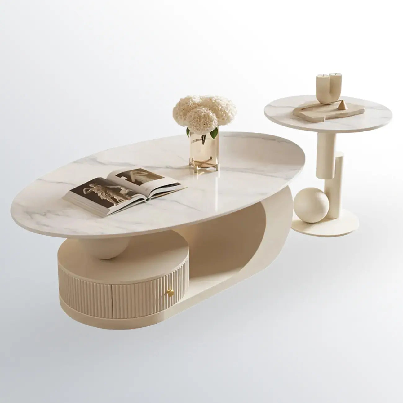 Table basse moderne avec plateau en pierre blanche et revêtement anti-rayures