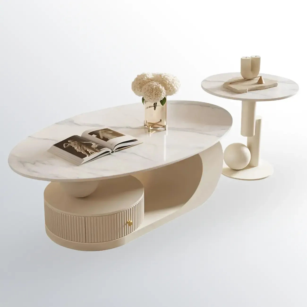 Table basse moderne avec plateau en pierre blanche et revêtement anti-rayures