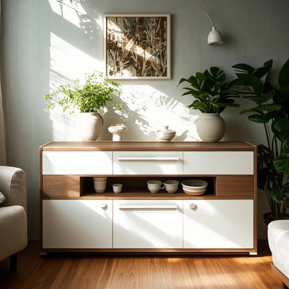 Meuble TV rectangulaire en bois gris avec rangement intégré pour chambre à coucher