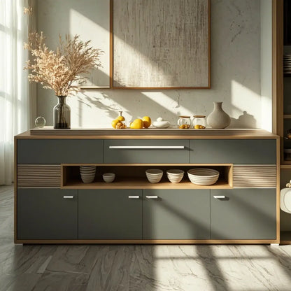 Meuble TV rectangulaire en bois gris avec rangement intégré pour chambre à coucher