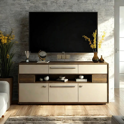 Meuble TV rectangulaire en bois gris avec rangement intégré pour chambre à coucher