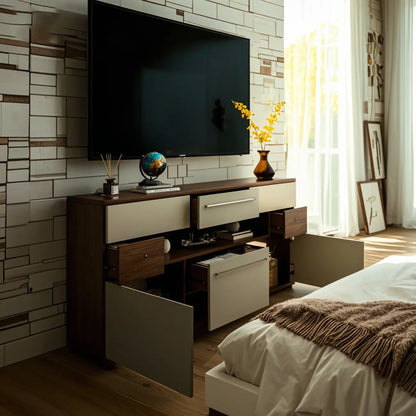 Meuble TV rectangulaire en bois gris avec rangement intégré pour chambre à coucher