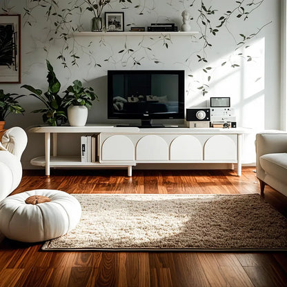 Meuble TV avec étagère latérale en bois nordique blanc et armoire