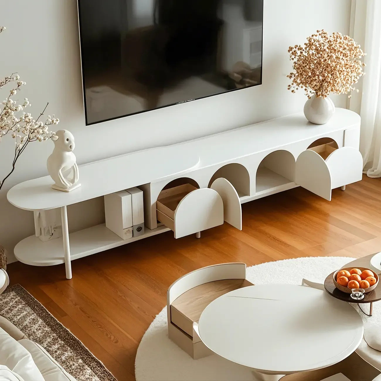 Meuble TV avec étagère latérale en bois nordique blanc et armoire