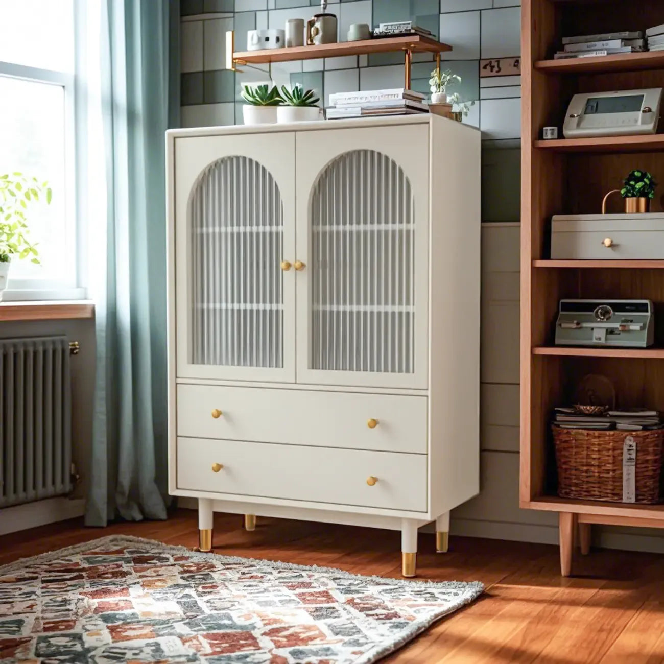 Meuble d'appoint moderne en bois massif beige avec 2 tiroirs