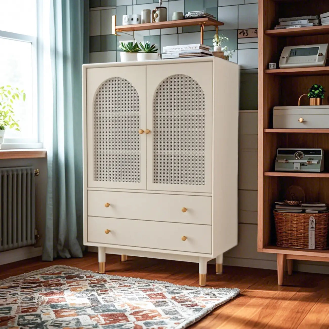 Meuble d'appoint moderne en bois massif beige avec 2 tiroirs