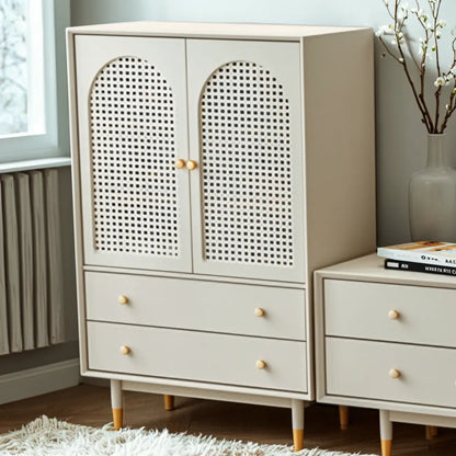 Meuble d'appoint moderne en bois massif beige avec 2 tiroirs