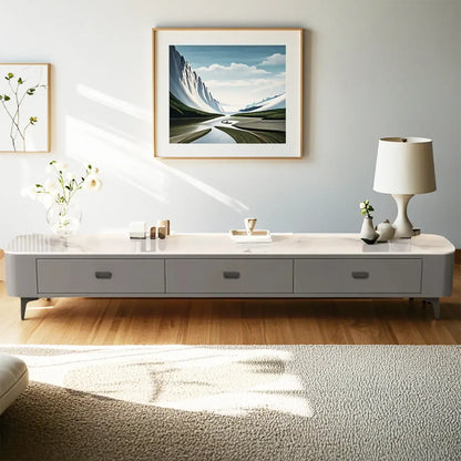 Meuble TV moderne avec plateau en marbre et rangement intégré pour salon