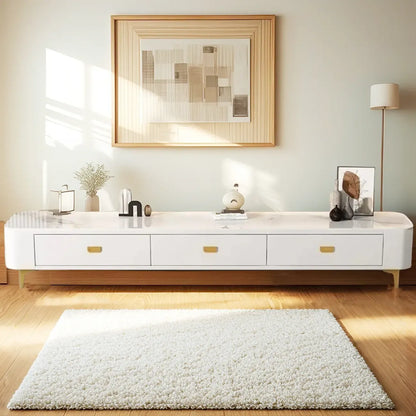 Meuble TV moderne avec plateau en marbre et rangement intégré pour salon