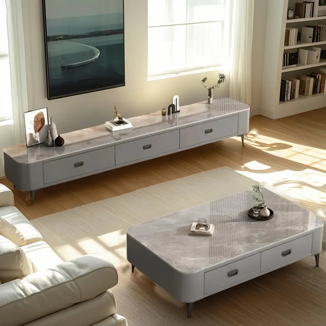 Meuble TV moderne avec plateau en marbre et rangement intégré pour salon