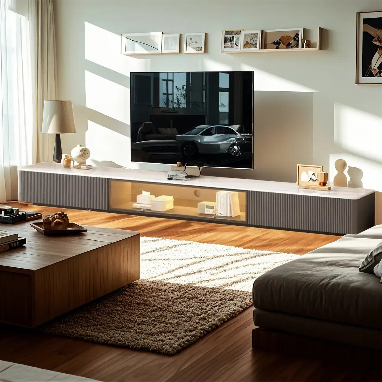 Meuble TV long en pierre couleur champagne 63 avec gestion des câbles