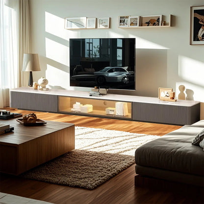 Meuble TV long en pierre couleur champagne 63 avec gestion des câbles