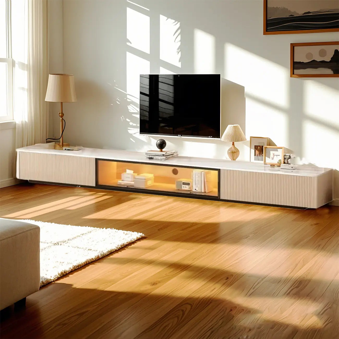 Meuble TV long en pierre couleur champagne 63 avec gestion des câbles