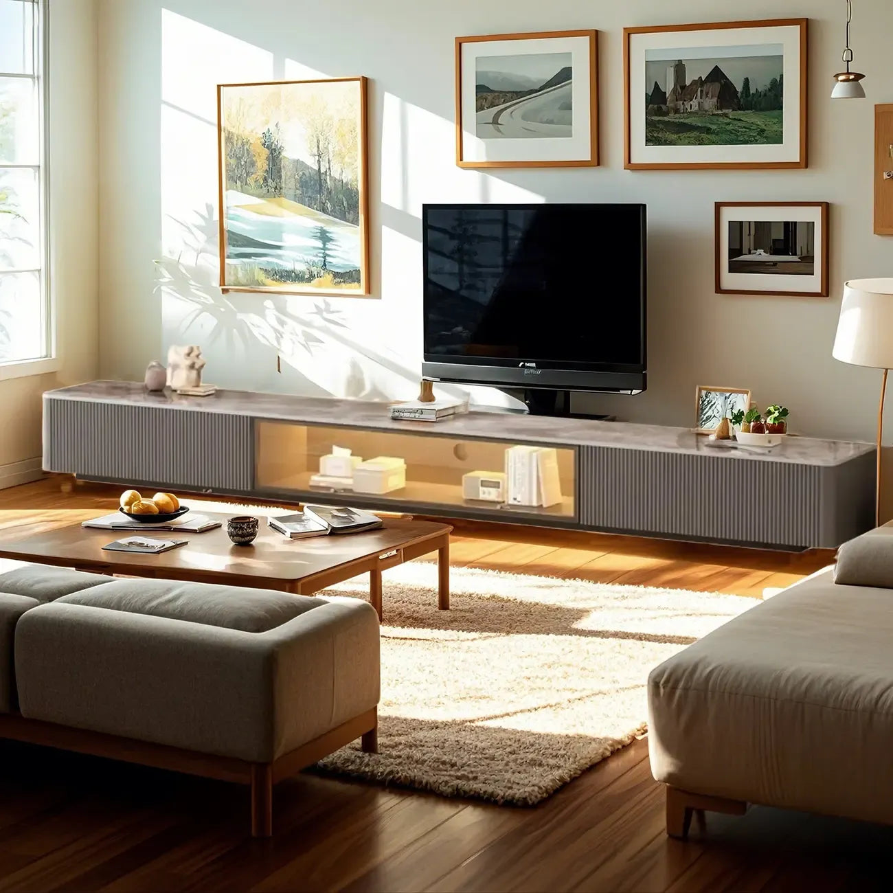 Meuble TV long en pierre couleur champagne 63 avec gestion des câbles