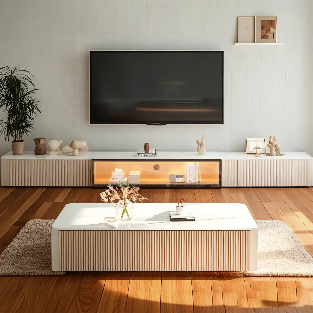 Meuble TV long en pierre couleur champagne 63 avec gestion des câbles