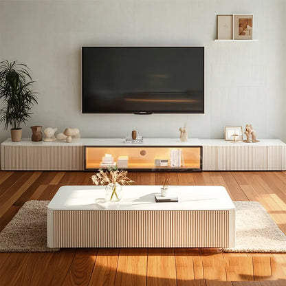 Meuble TV long en pierre couleur champagne 63 avec gestion des câbles