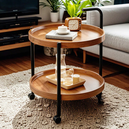 Table basse ronde moderne en bois à deux niveaux avec roulettes et plateau