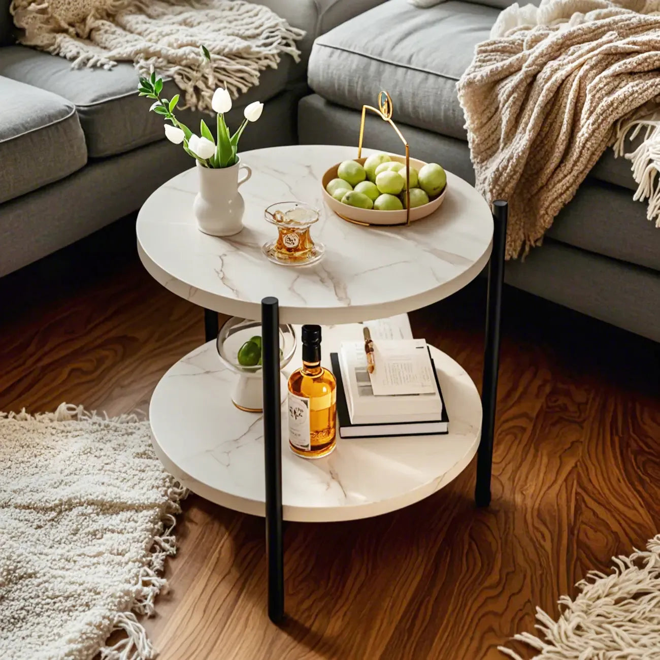 Table basse ronde moderne en bois à deux niveaux avec roulettes et plateau
