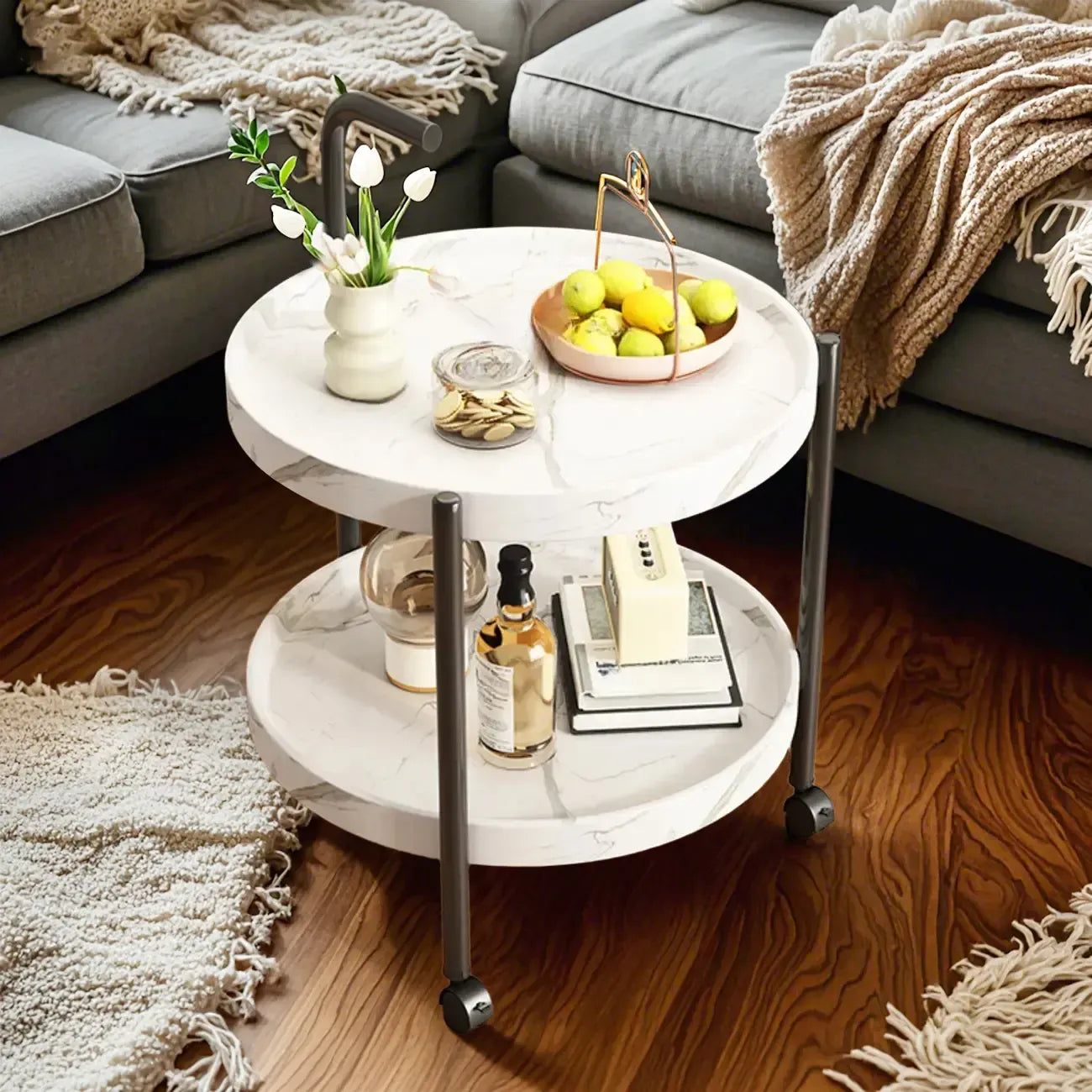 Table basse ronde moderne en bois à deux niveaux avec roulettes et plateau