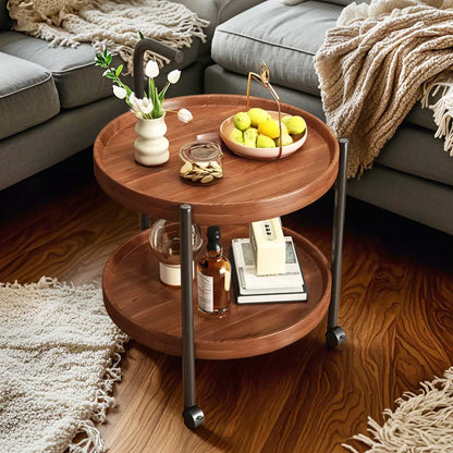 Table basse ronde moderne en bois à deux niveaux avec roulettes et plateau