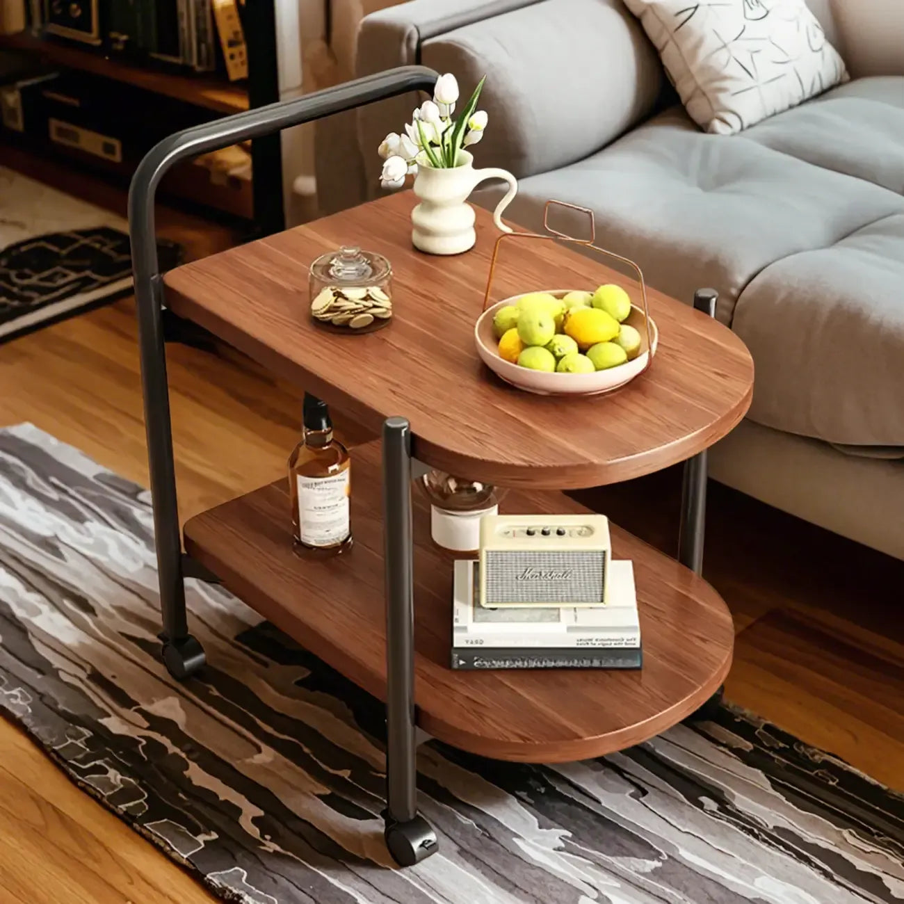 Table basse ronde moderne en bois à deux niveaux avec roulettes et plateau