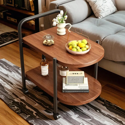 Table basse ronde moderne en bois à deux niveaux avec roulettes et plateau