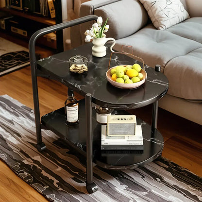 Table basse ronde moderne en bois à deux niveaux avec roulettes et plateau