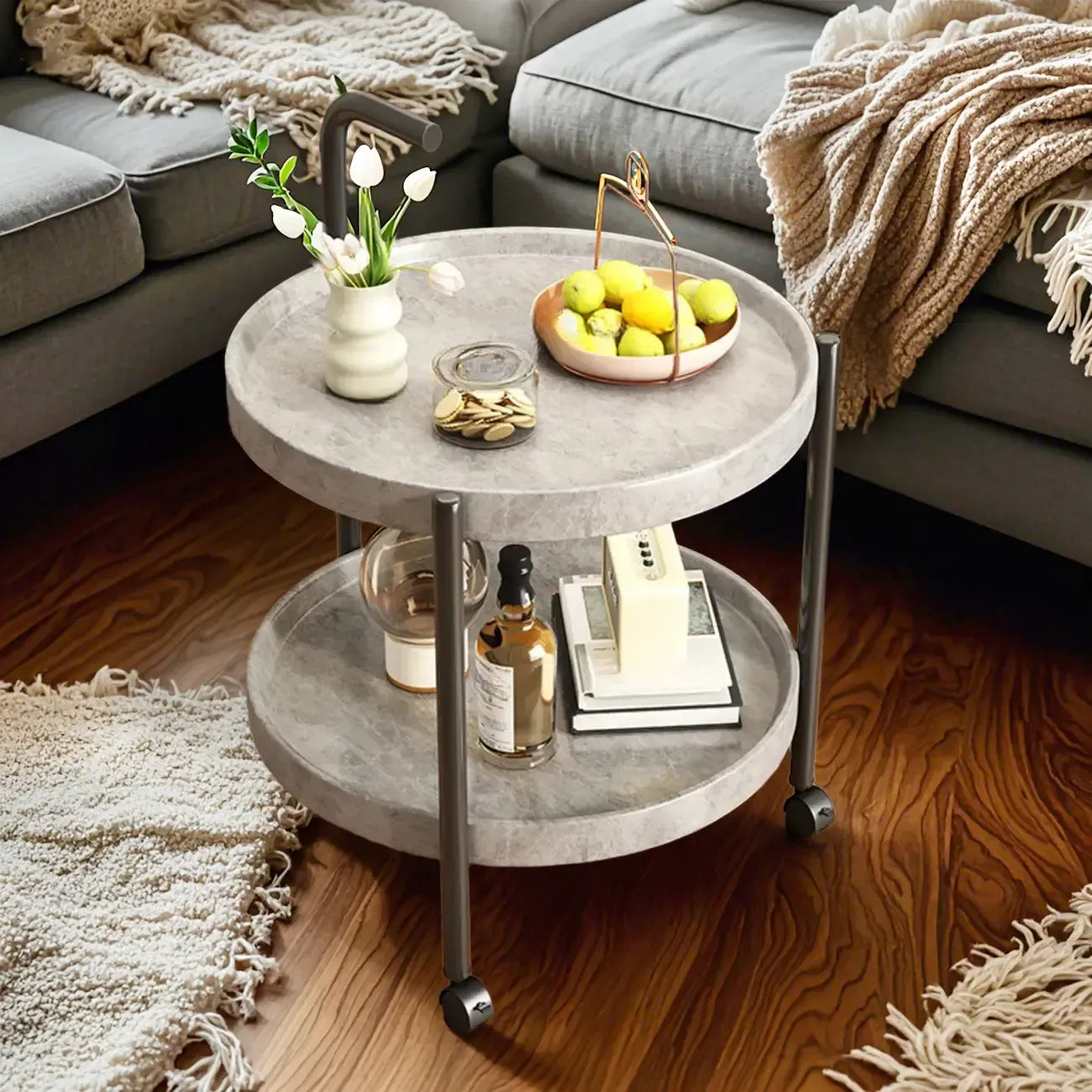 Table basse ronde moderne en bois à deux niveaux avec roulettes et plateau