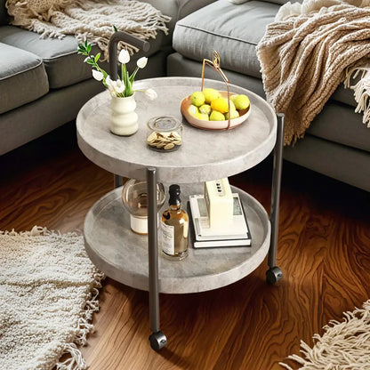 Table basse ronde moderne en bois à deux niveaux avec roulettes et plateau