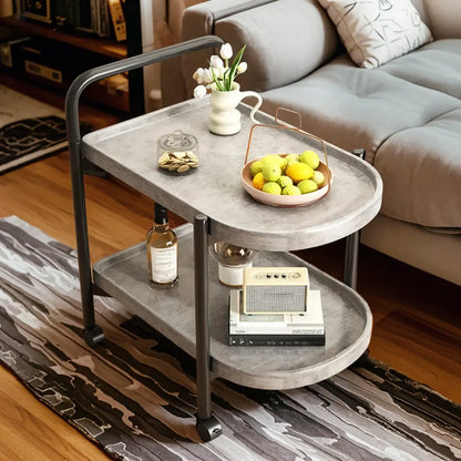 Table basse ronde moderne en bois à deux niveaux avec roulettes et plateau