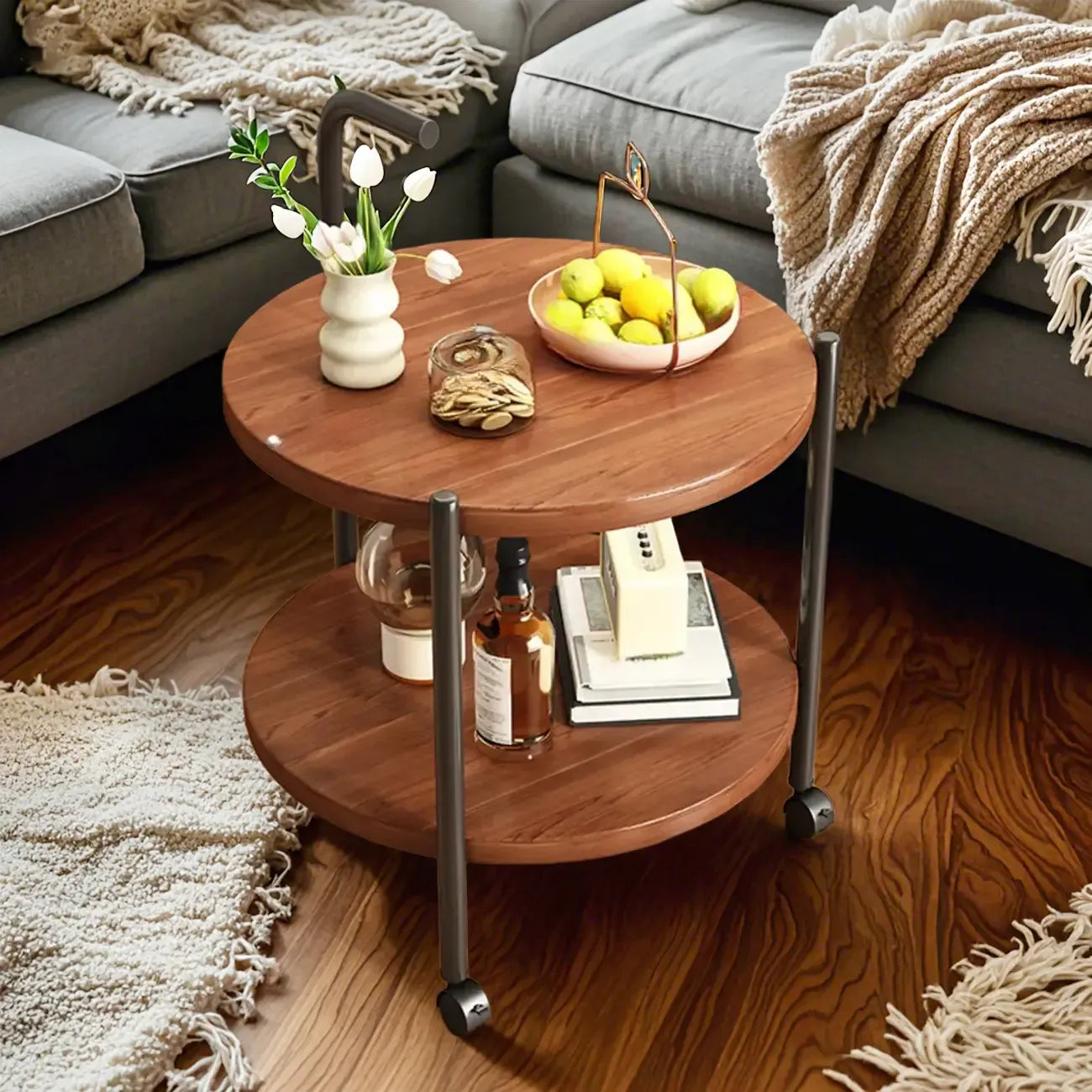 Table basse ronde moderne en bois à deux niveaux avec roulettes et plateau