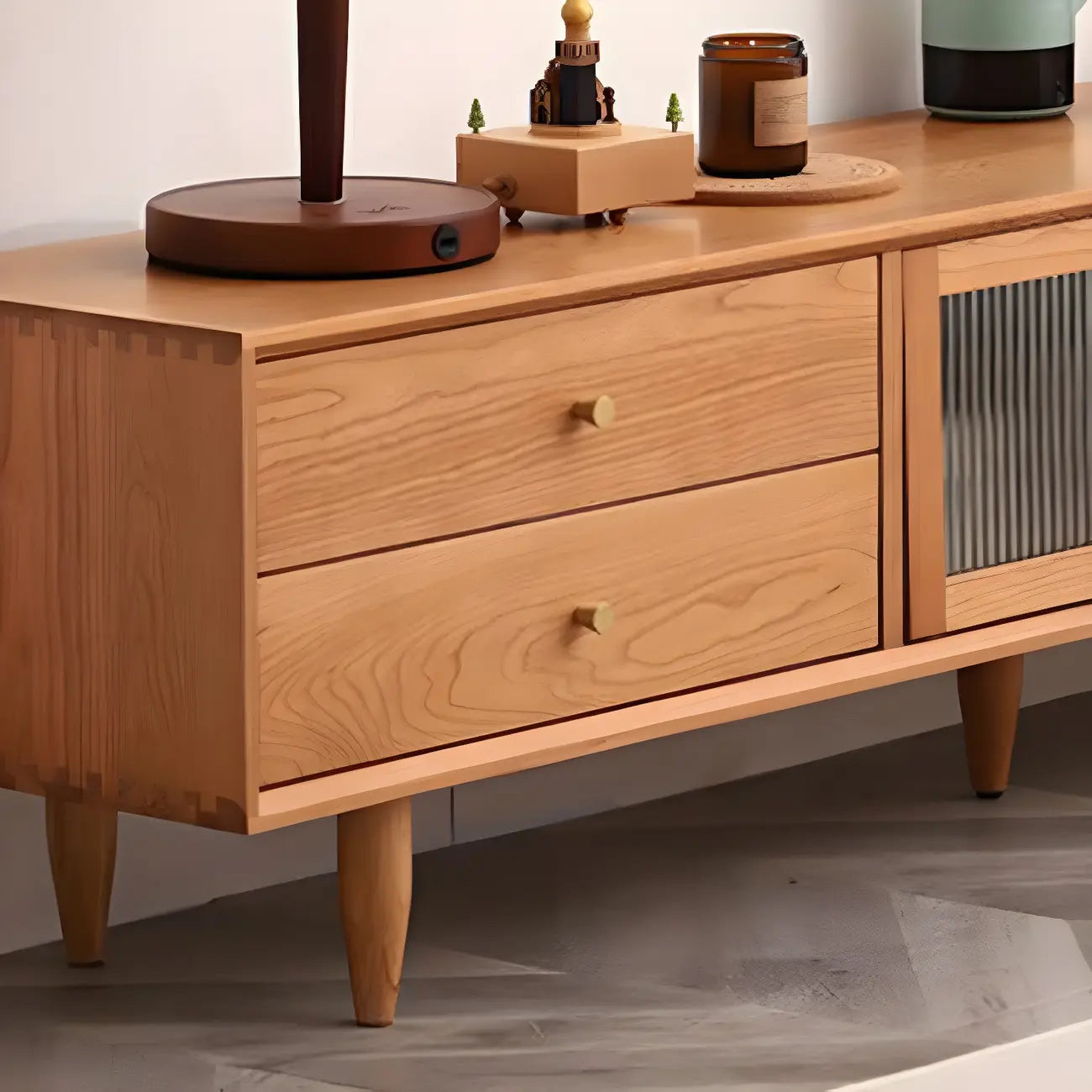 Meuble TV nordique en bois de cerisier avec tiroirs pour salon