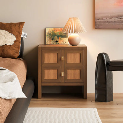 Table de chevet vintage en bois massif à motif floral artistique et à 2 tiroirs