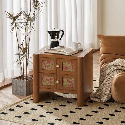 Table de chevet vintage en bois massif à motif floral artistique et à 2 tiroirs