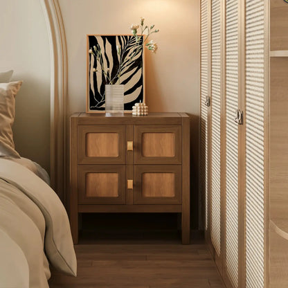 Table de chevet vintage en bois massif à motif floral artistique et à 2 tiroirs