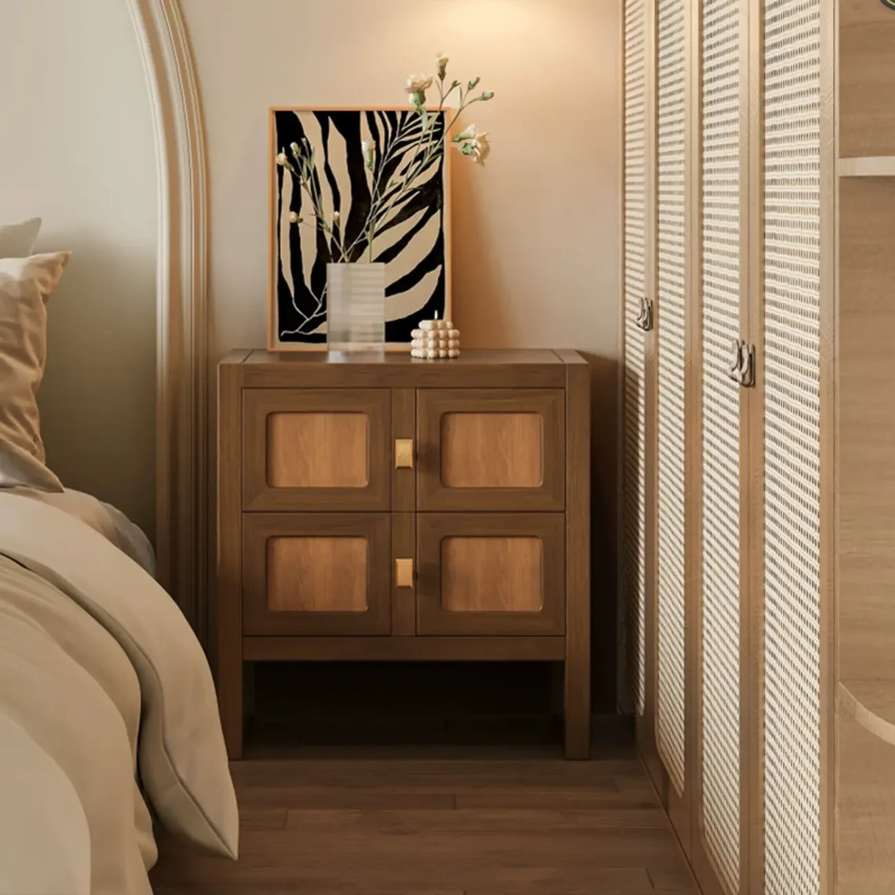 Table de chevet vintage en bois massif à motif floral artistique et à 2 tiroirs