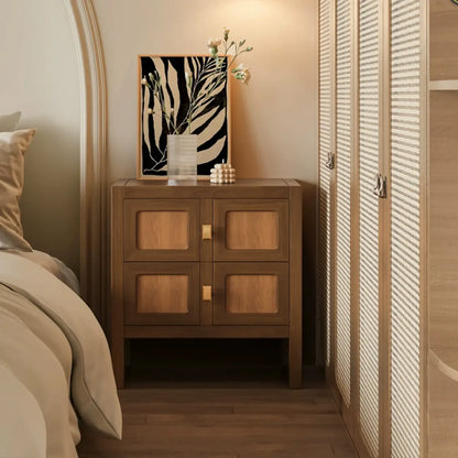 Table de chevet vintage en bois massif à motif floral artistique et à 2 tiroirs