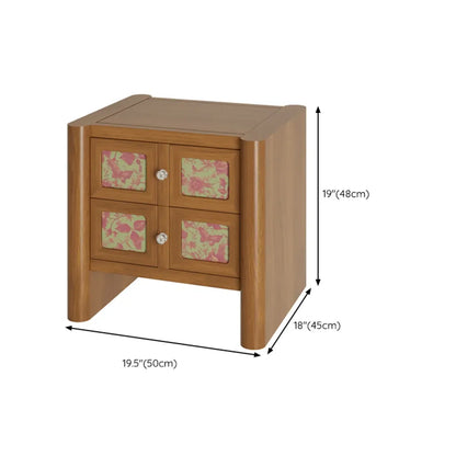 Table de chevet vintage en bois massif à motif floral artistique et à 2 tiroirs