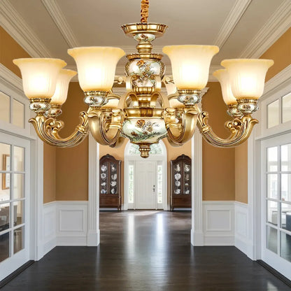 Lustre antique en céramique dorée avec cloche en verre dépoli