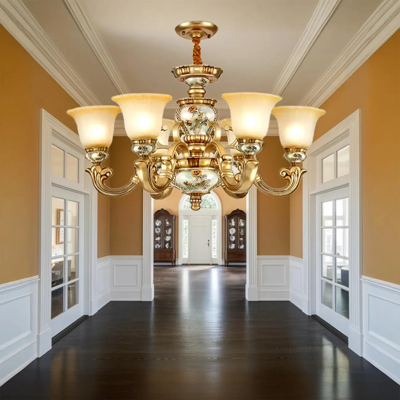 Lustre antique en céramique dorée avec cloche en verre dépoli