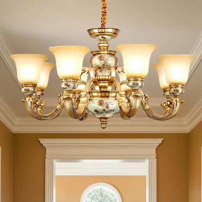 Lustre antique en céramique dorée avec cloche en verre dépoli