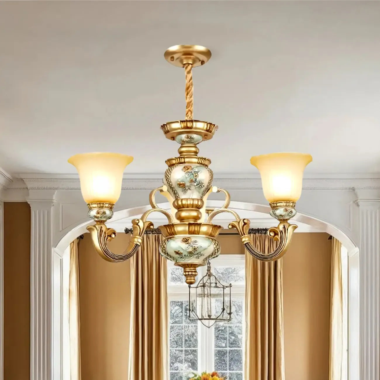 Lustre antique en céramique dorée avec cloche en verre dépoli