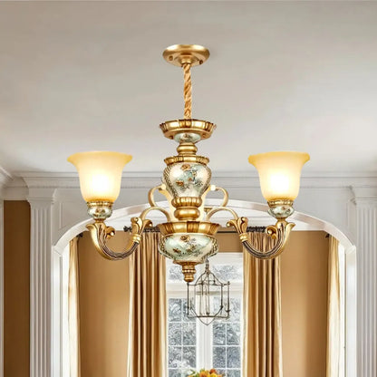 Lustre antique en céramique dorée avec cloche en verre dépoli