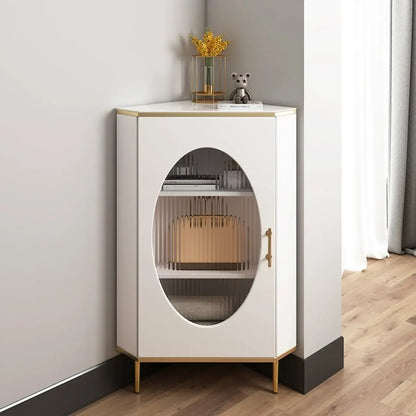 Meuble d'angle en verre, acier inoxydable et verre, finition ardoise grise et dorée glamour