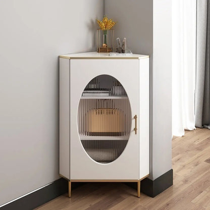 Meuble d'angle en verre, acier inoxydable et verre, finition ardoise grise et dorée glamour