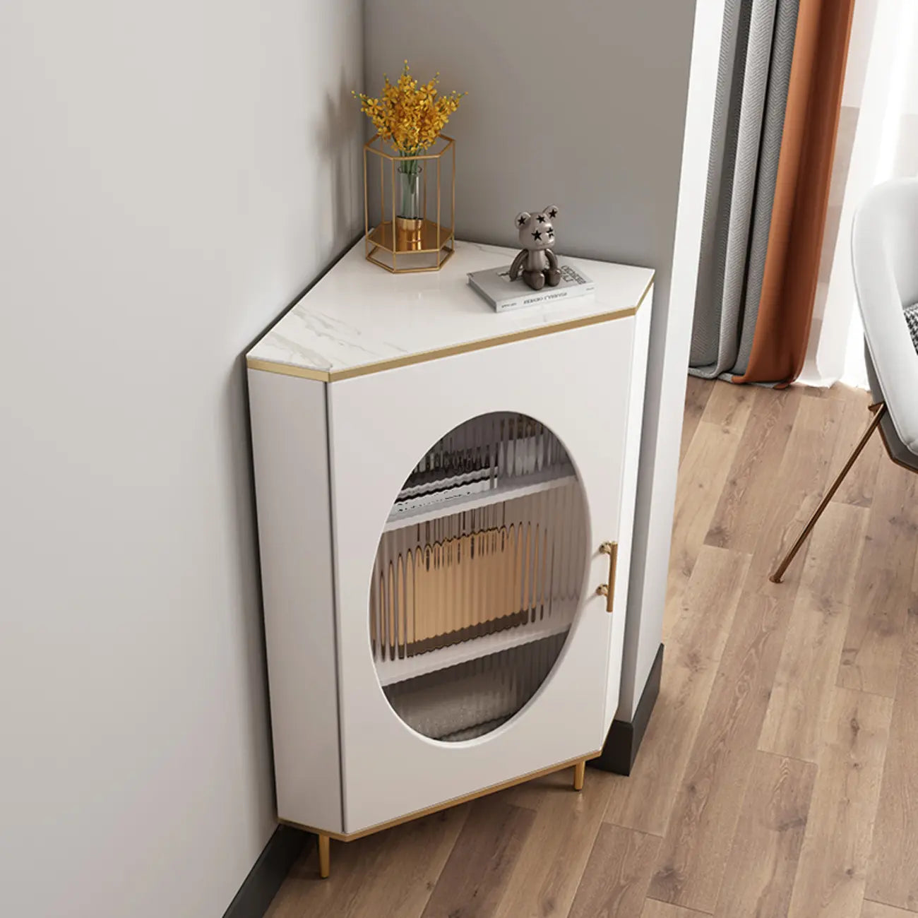 Meuble d'angle en verre, acier inoxydable et verre, finition ardoise grise et dorée glamour