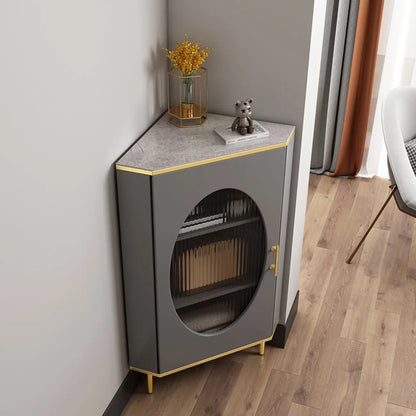 Meuble d'angle en verre, acier inoxydable et verre, finition ardoise grise et dorée glamour